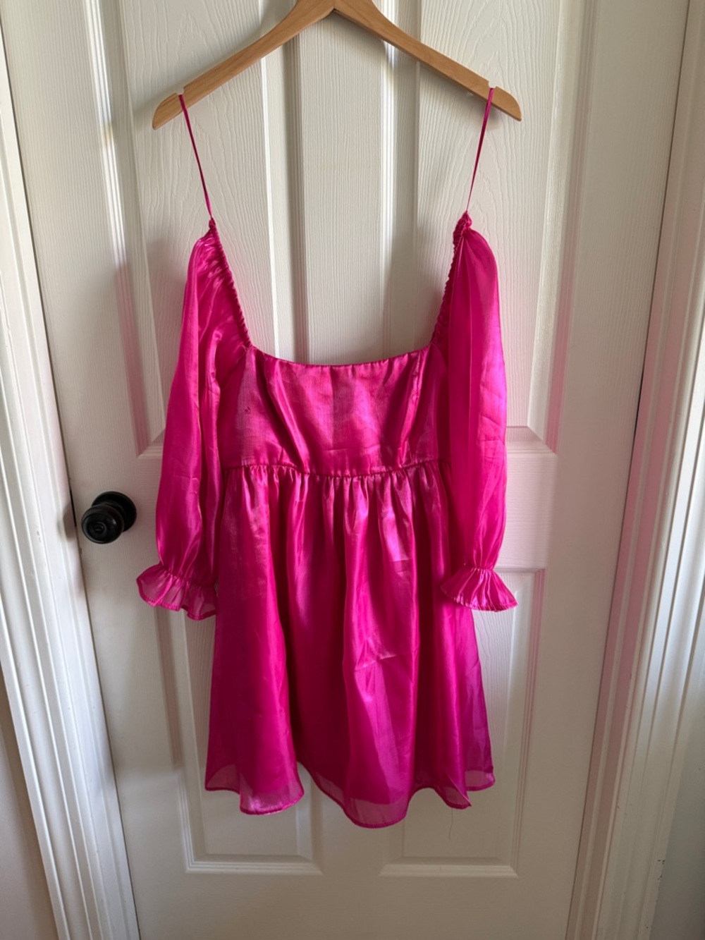 Off-Shoulder Bright Pink Casual Mini Dress with Ruffle Cuffs